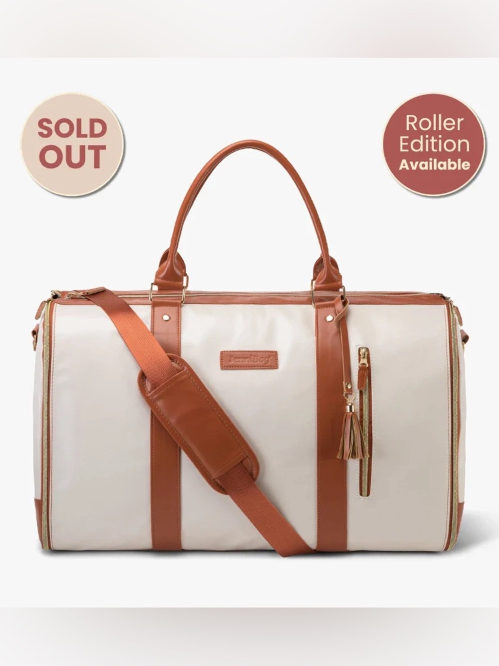 Cream and Tan Weekender Travel Bag with Shoulder Strap